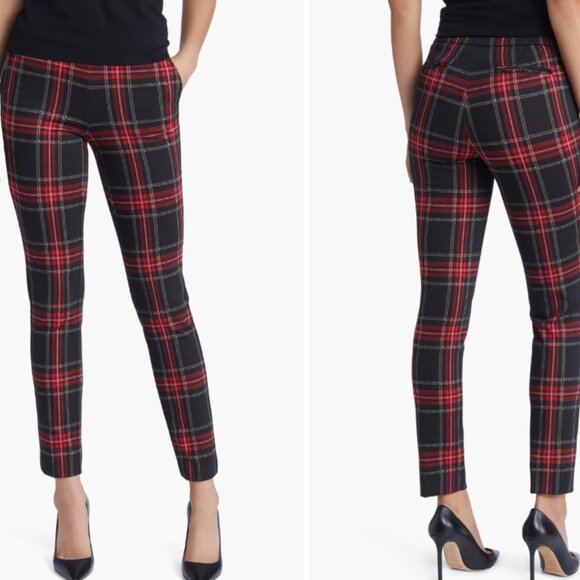 Anne Klein Pants Womens Med Red Black Plaid Slim Ankle Pants In Titian Red Combo - Picture 2 of 9